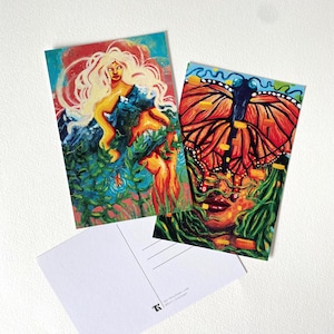 2 cartes postales - Ensemble Déesse - Dame de Lumière et de Morphin | Mini oeuvre d'art spirituelle vibrante, féminine, fantaisiste | Impressions d'art 4 x 6 pouces