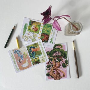 Lot de trois mini-impressions de cartes postales - Bain de soleil, prospérité et pin rose | Petit lot d'oeuvres d'art de base Cottage lunatique | Impressions de cartes postales 4 x 6