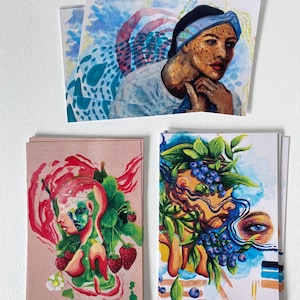 Lot de trois mini-cartes postales miniatures : fraise du vent, nuance de myrtille et profond | Lot d'oeuvres d'art murales abstraites fruits et nature | Impressions de cartes postales 4 x 6