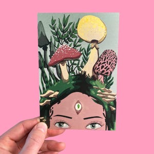 Carte postale Grow Wild 4 x 6 po. Mini impression d'art | Illustration de champignon