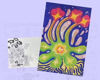 Cosmic Blooms Mini Art Print: Whimsical Illustration Postcard