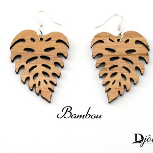 wood earrings palm leaf, laser cut, hand made. bamboo or walnut. Tropical jewelry