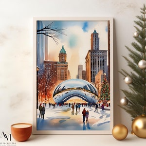 Impressão de Natal decorada em Chicago, arte em aquarela estilo vintage dos anos 1950, impressão de arte de feijão de Natal festivo, download digital de feriado em Chicago