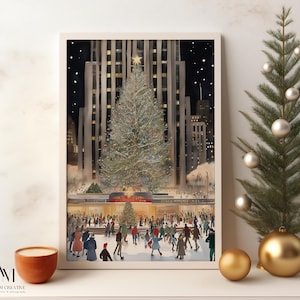 Stampa natalizia decorata di New York, arte ad acquerello del Rockefeller Center, decorazione murale natalizia nostalgica degli anni '50 di New York, poster vintage della città delle vacanze