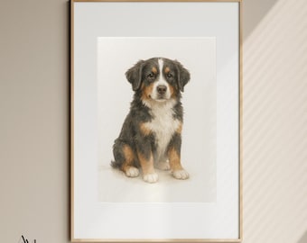 Bernese Mountain Dog Watercolor Print, Printable Bernese Wall Art, Fluffy Dog Illustration, Dog Lover Gift, Nursery Animal Art