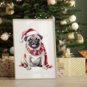 Christmas Pug Dog Print, Cute Pug in Santa Hat, Holiday Wall Art for Dog Lovers, Pet Portrait Gift for Pug Enthusiasts