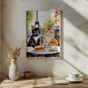 French Cafe Croissant Cat Print, Eiffel Tower Cafe Illustration, Digital Watercolor Paris Cat Art, Gift for Cat Lovers, Parisian Feline