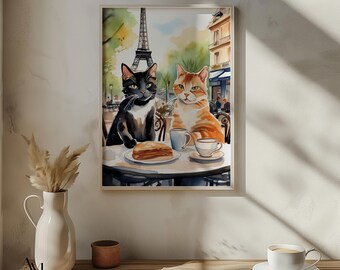 French Cafe Cat Print: Watercolor Eiffel Tower Art (Digital Download)