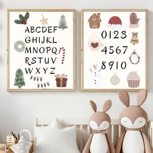 Decoraciones de pared para la educación en el hogar durante las vacaciones, paquete de números del alfabeto navideño, carteles imprimibles para preescolar de noviembre, aula educativa de invierno