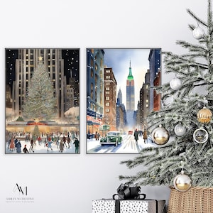 Vintage NYC Christmas Print Set: Rockefeller Center & Empire State (Digital Download)