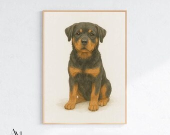 ロットワイラーの水彩画アートプリント、印刷可能なロットワイラーの壁飾り、犬好きへのギフト、黒と茶色の犬のイラスト