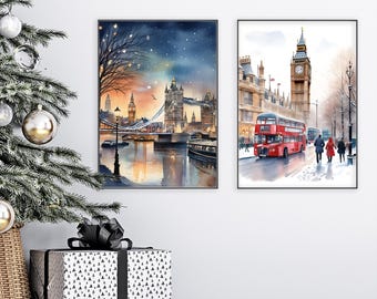 Puede incluir: Dos acuarelas de monumentos de Londres. La primera pintura muestra un puente con una torre en el fondo. La segunda pintura muestra un autobús de dos pisos rojo conduciendo por una calle con el Big Ben en el fondo.