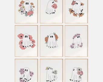 Galería de impresiones de fantasmas con flores, juego de 9, pósteres de Halloween imprimibles, arte de pared espeluznante para guardería, arte de Halloween imprimible para niños