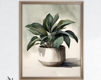 Ficus Elastica Watercolor Print: Modern Botanical Art (Digital Download)