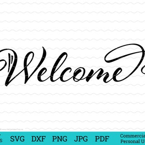 Könnte beinhalten: Ein schwarzes und weißes kursives Schriftdesign, das "Willkommen" sagt.