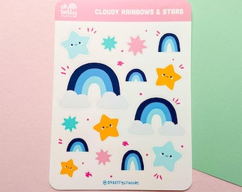 Cloudy Rainbows and Stars Sticker Sheet | Kawaii Stickers for Planners and Journals