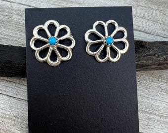 Solid 925 sterling silver boho Flower real Turquoise Stud post Earrings Gift for her