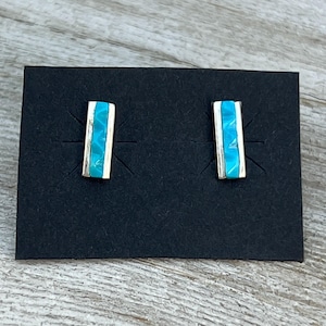 Solid 925 sterling silver Small tiny straight bar real Turquoise Stud post Earrings handmade gift minimalists boho second piercing hole