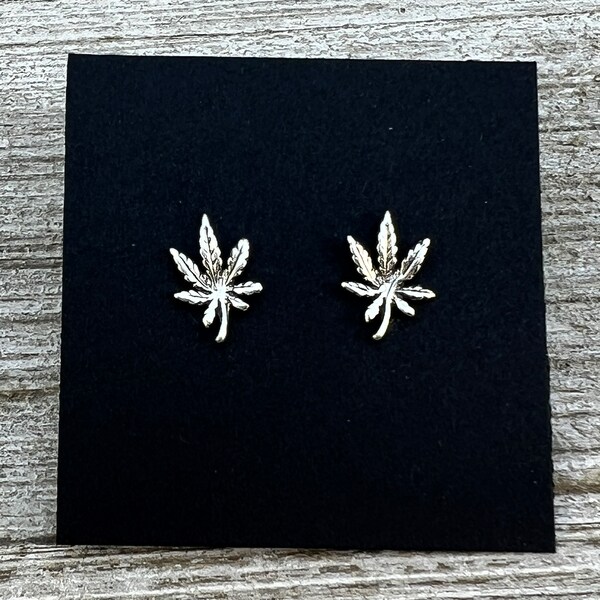 Small Sterling silver marijuana leaf Stud Earrings, handmade jewelry gift, Surgical Steel post,