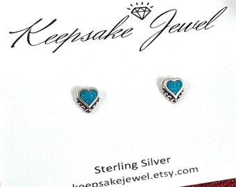 Small Sterling silver heart turquoise Stud Earrings,  jewelry gift, Surgical Steel post,