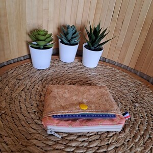 Porte monnaie double poche/liege/naturel/coton/portefeuille/porte carte/vegan/cuir vegetal/pochette/éventail doré/corail