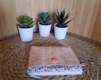 Porte monnaie double poche/liege/naturel/coton/portefeuille/porte carte/vegan/cuir vegetal/pochette/fleuri