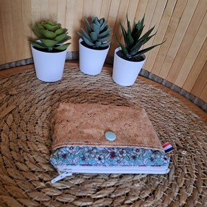 Porte monnaie double poche/liege/naturel/coton/portefeuille/porte carte/vegan/cuir vegetal/pochette/fleuri