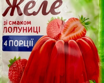 Gelatina seca con sabor a fresa para uso doméstico. Elaborada en Ucrania por Mriya.