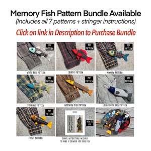 May include: A set of seven PDF sewing patterns for making felt fish toys. The patterns include a white bass, crappie, minnow, pompano, northern pike, largemouth bass, and trout. The image also includes a PDF pattern for making a stringer for the fish.