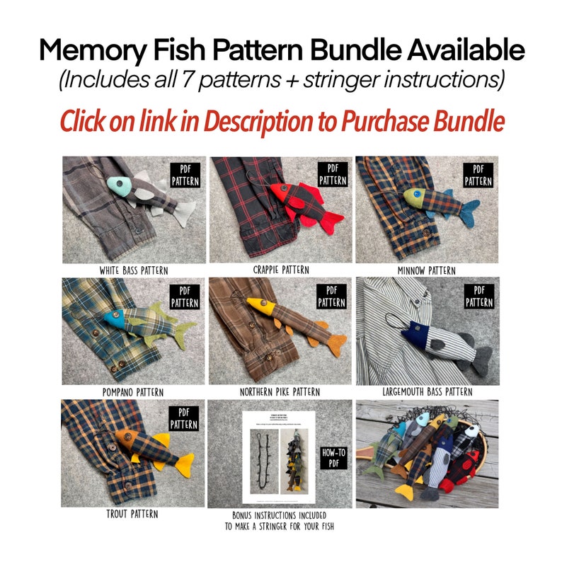 May include: A set of seven PDF sewing patterns for making felt fish toys. The patterns include a white bass, crappie, minnow, pompano, northern pike, largemouth bass, and trout. The image also includes a PDF pattern for making a stringer for the fish.