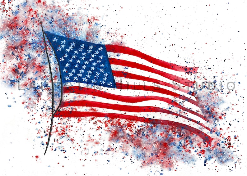 American Flag Art Print US Flag Splatters Watercolor Art Etsy