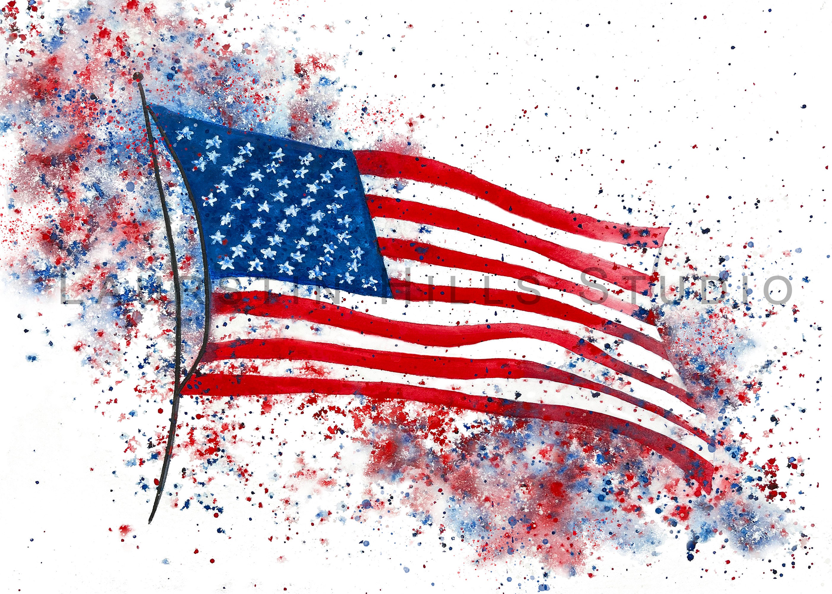 American Flag Art Print Us Flag Splatters Watercolor Art Print