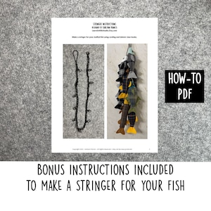 May include: Instructions for making a stringer for stuffed fish. The image shows a black chain with lobster claw hooks and a group of colorful fish toys.