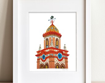 Puede incluir: Una ilustración colorida de una torre alta y ornamentada con un exterior de azulejos rojos, naranjas y blancos. La torre tiene una esfera de reloj en cada lado y una cúpula dorada con una veleta en la parte superior.