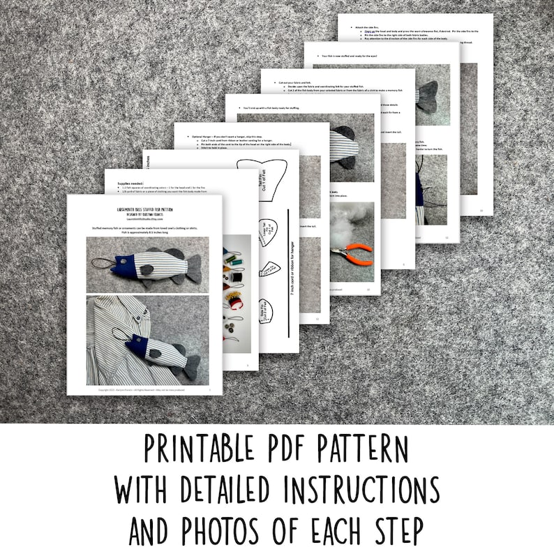 May include: Printable PDF pattern with detailed instructions and photos of each step for making a fish-shaped toy. The pattern includes a striped fabric fish with a blue fin and a white and blue striped fabric fish with a blue fin.