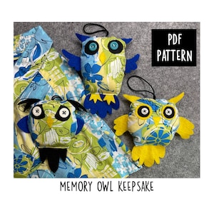 Puede incluir: Patrón PDF para un recuerdo de búho. El patrón incluye tres búhos con diferentes acentos de color. Los búhos están hechos de tela con un patrón floral en tonos azules, verdes y amarillos.