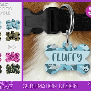Lot de modèles de sublimation pour étiquette d'animal de compagnie camouflage, porte-nom en os de chien, conception graphique par sublimation, téléchargement immédiat