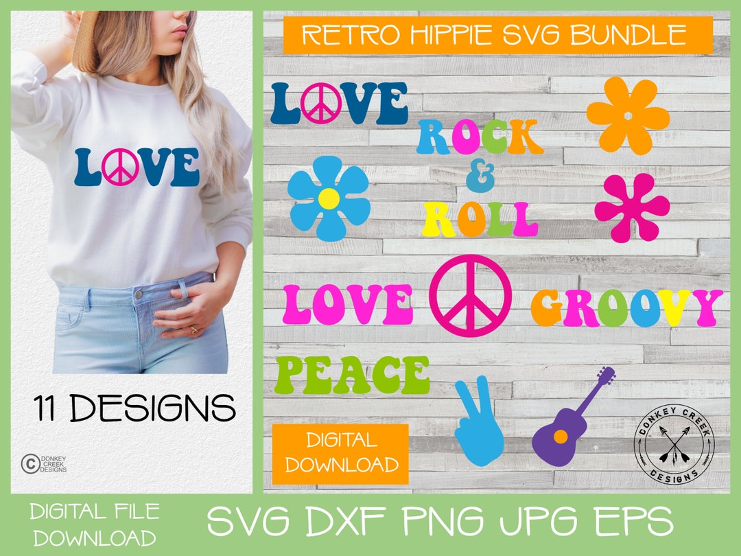 Hippie Peace Love Flower Power SVG Bundle 1970's Theme Rock N Roll ...