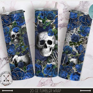 Skulls and Flowers Skinny Tumbler Sublimation Design| Full Tumbler Wraps|20  oz tumbler png| Gothic Tumbler sublimation Design