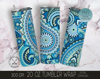 20 OZ Skinny Tumbler PNG, Blue Paisley, Skinny Tumbler Design,  template design,  sublimation graphic, PNG download