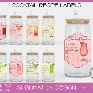 Glass Can Sublimation Bundle|Cocktail Recipe Labels| Drink Labels for Sublimation|Hand Drawn PNG Designs