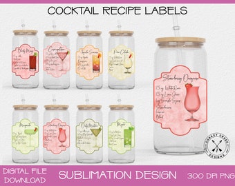 Glasdose Sublimation Bundle | Cocktail-Rezeptetiketten | Getränkeetiketten für Sublimation|Handgezeichnete PNG Designs