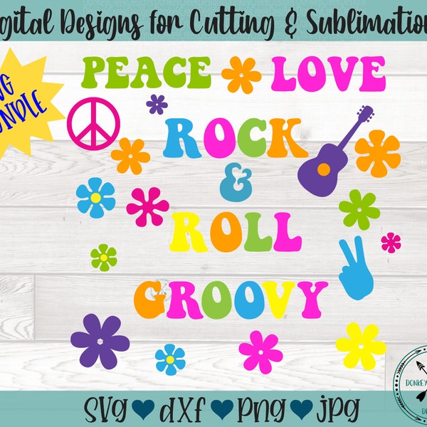 70's Retro SVG Files, Hippie peace love flower power SVG bundle 1970's theme rock n roll flower svg hippie flower child, silhouette cut file