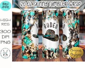 Rodeo 20 oz  Skinny Tumbler Design, Hand Drawn, Cowhide, Turquoise, PNG template design, sublimation graphic design, instant download