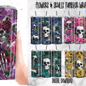 Diseño de vaso con calaveras y flores, paquete de envolturas para vasos, diseños de sublimación, paquete de calaveras PNG, vasos florales