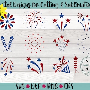 花火 SVG 7 月 4 日 シルエット カット ファイル 愛国的 SVG 爆竹 花火 SVG バンドル 独立記念日 DXF PNG 赤 白 青