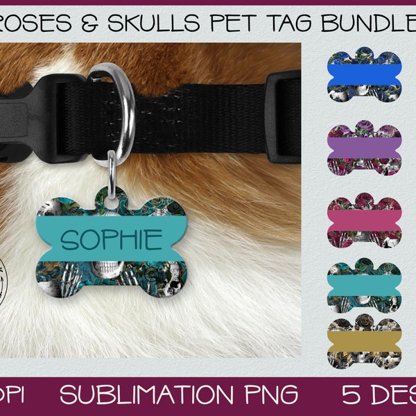 Haustier Tag Sublimation Bundle, Hundeknochen Namensschild, Schädel und Rosen, Floral Sublimation Design, Haustier ID Tag