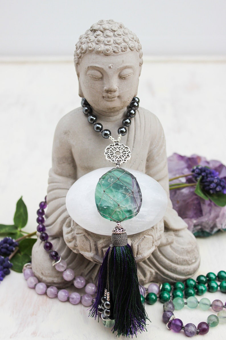 Clarity and Intuition 108 Mala. Fluorite, shops Amethyst, Malachite, Hematite, Throat Chakra, Third Eye Chakra, macrame, Meditation, Yoga Jewelry