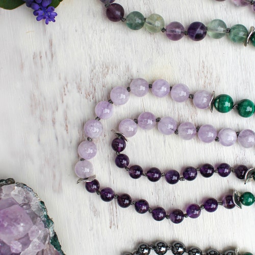 Clarity and Intuition 108 Mala. Fluorite, shops Amethyst, Malachite, Hematite, Throat Chakra, Third Eye Chakra, macrame, Meditation, Yoga Jewelry