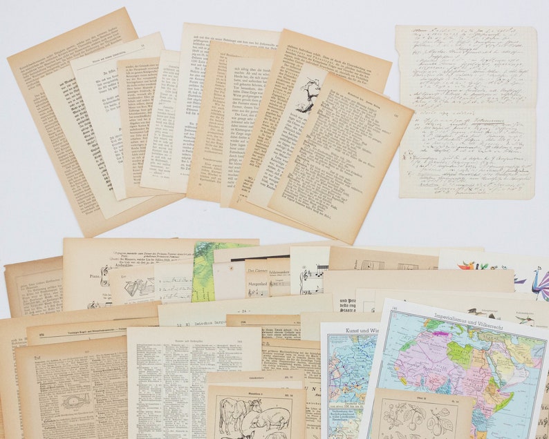 Vintage Papierset mit 75 Bögen Große vintage Buchseiten, Notenseiten, Landkarten, Bilderseiten Gemischtes vintage Papier Bild 3